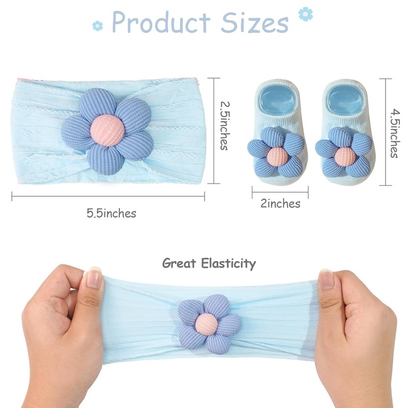 CÉLLOT Baby Girl Headband and Socks, Non-Slip Floral Socks and Soft Floral Nylon Hairbands for Babies Infants and Toddlers(White,Blue,Black) - Image 3
